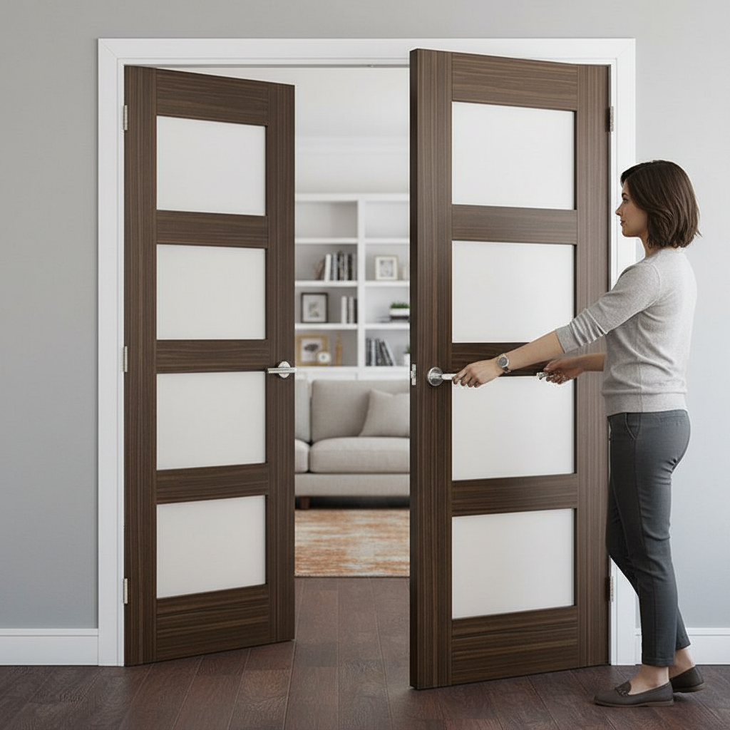 Premium Walnut Frosted Glazed Door Pair with Solid Core and Obscure Glass Panels
