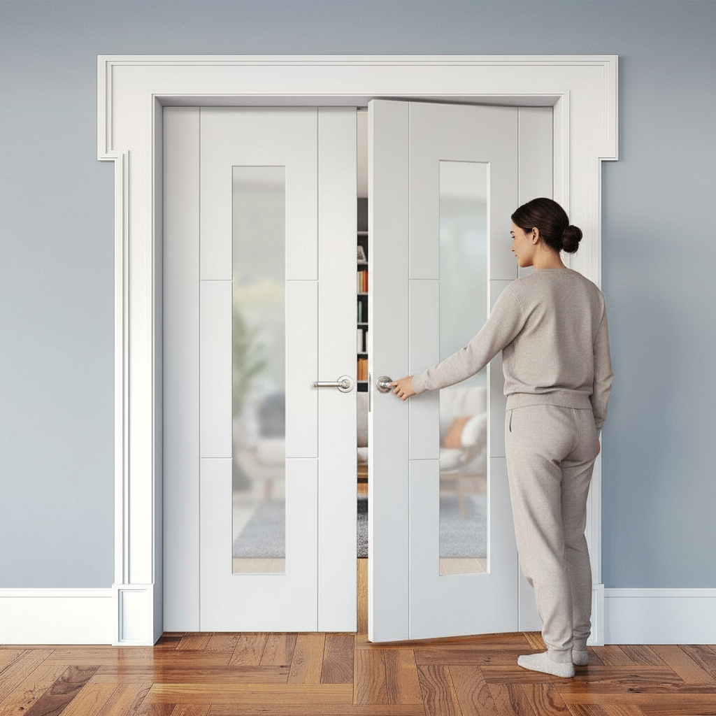 Premium Internal White Primed 3 Panel 1 Light Obscure Glass Pair Door for Elegant Home Design - Image 2