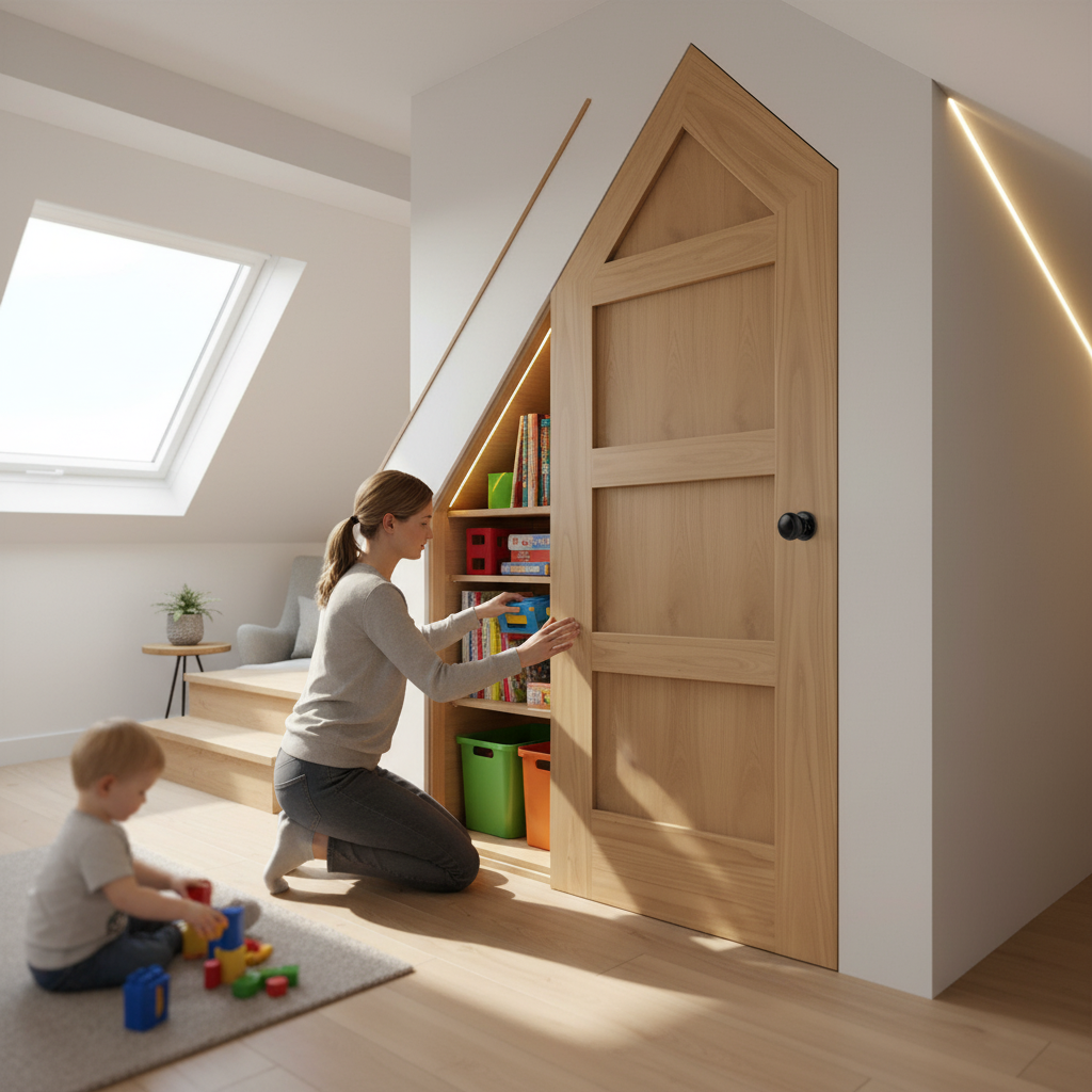 Premium Oak Internal Unfinished Shaker 4 Panel Angled Under-Stair Cupboard FD30 Fire Door for Enhanced Safety and Style - Image 2