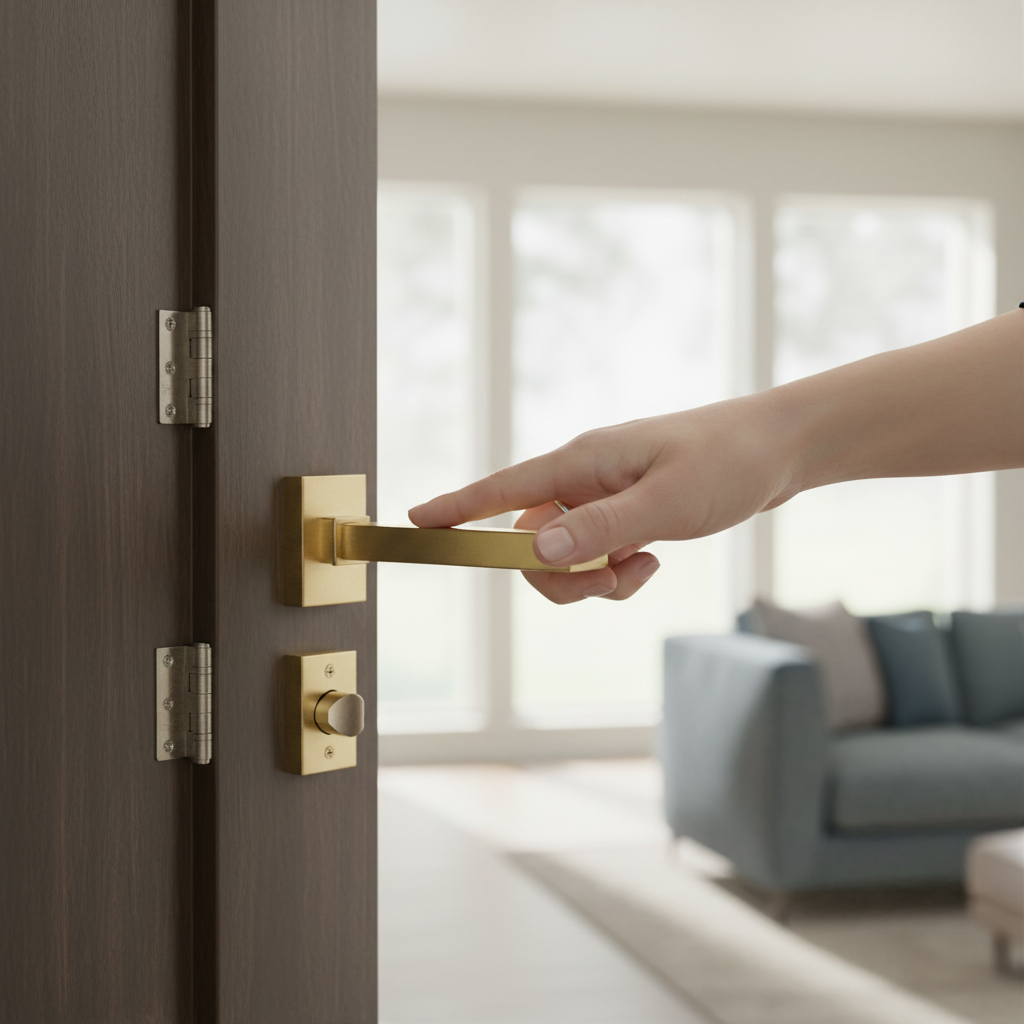 Square Rose Lever Door Handle Set in Satin Brass - Modern Design with Latch and Ball Bearing Hinges - Image 2
