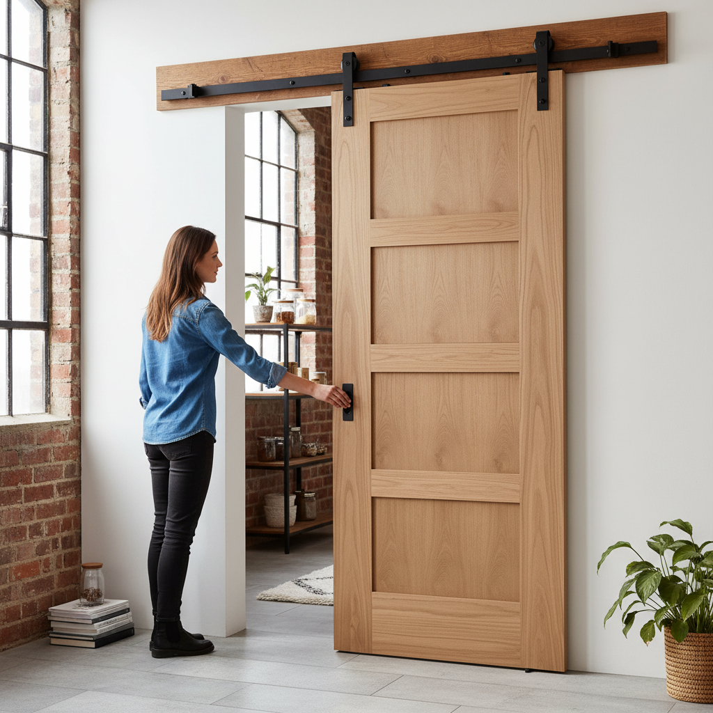 Premium Unfinished Oak Internal Sliding Door with 4 Panels and Black Steel Track for Elegant Home Design