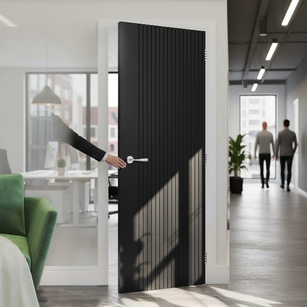 Premium Black Slatted Fire Door with Minimalistic Design and Solid Core for Modern Spaces