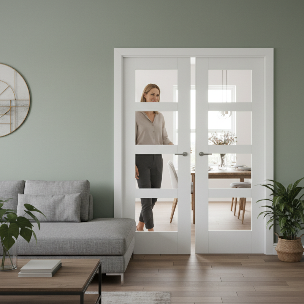 Premium White Shaker Room Divider with 4 Clear Glass Panes and Matching Side Panel Options