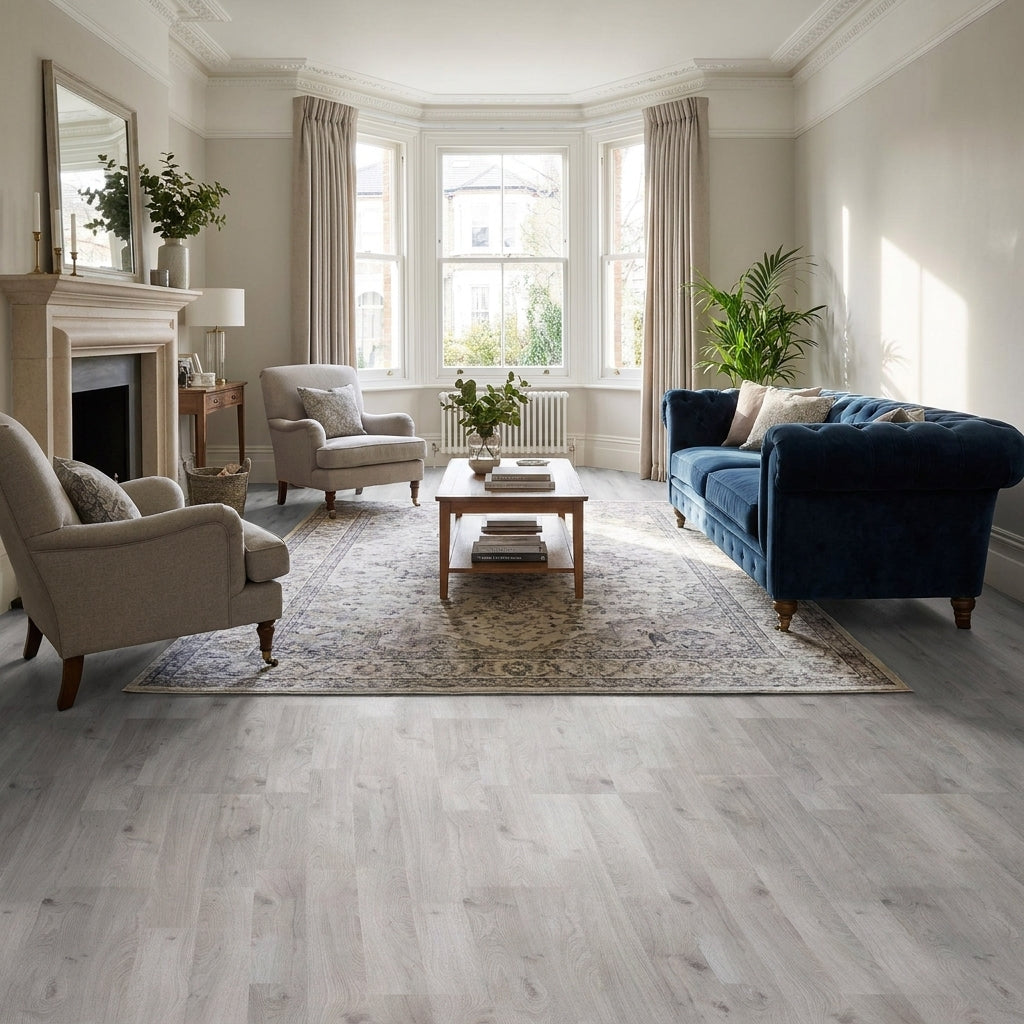7mm Thick Winter Oak Grey Laminate Flooring, Water-Resistant, Square Edge