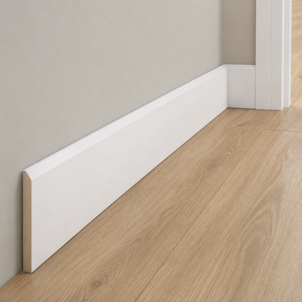2.4m Skirting Board, White Painted Chamfered, 14mm x 90mm