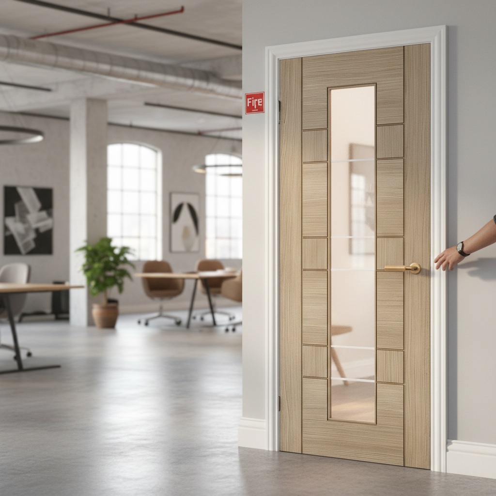 Premium Light Grey 1L Glazed Internal Door with V Cut Grooves and Clear Glass Finish