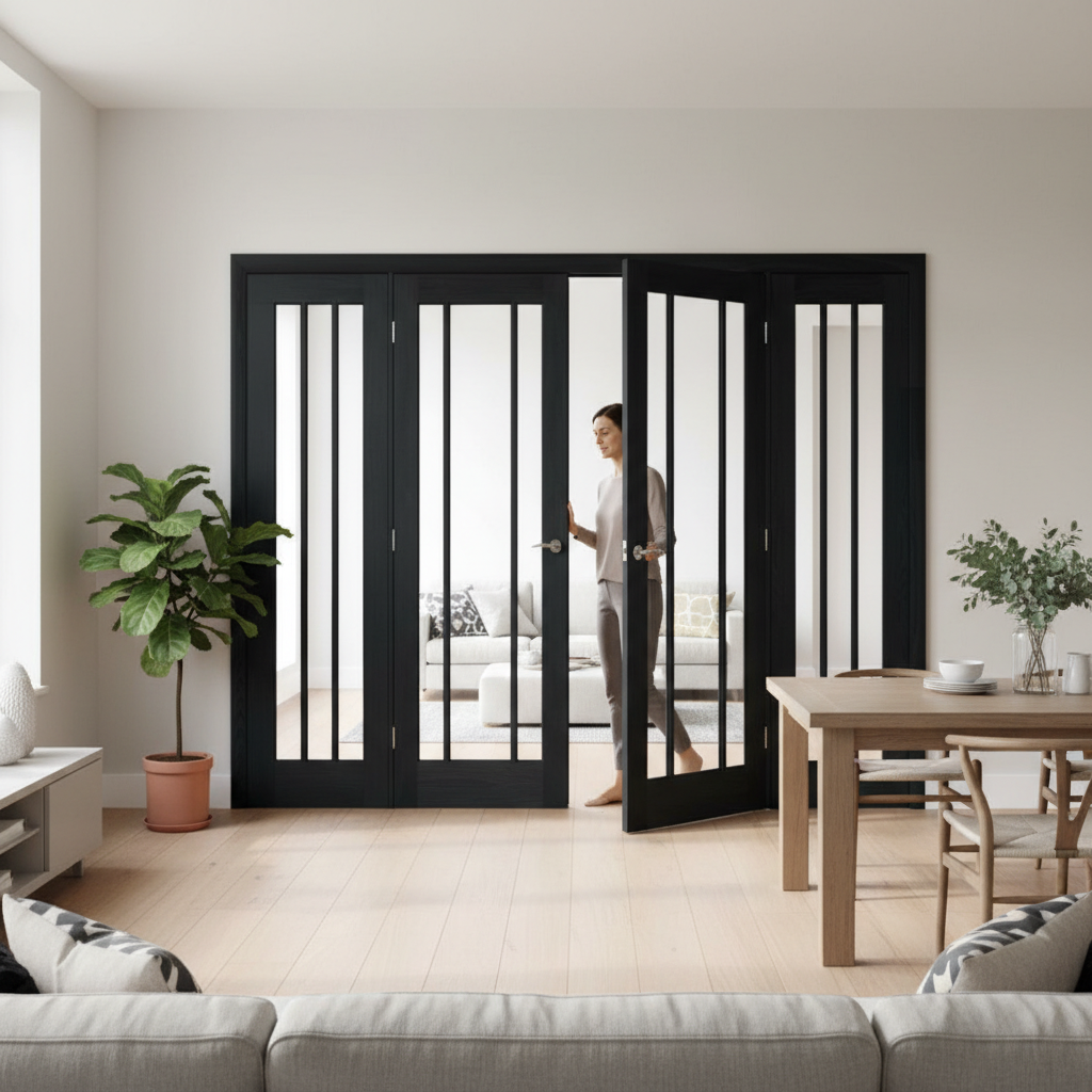 Premium Clear Glazed Brushed Black Oak French Doors with Side Panels for Elegant Room Dividing and Custom Finishing Options