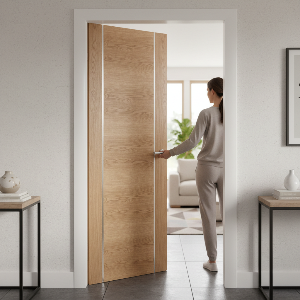 Premium Fully Finished Oak Internal Door with Horizontal Grain and Aluminium Inserts for Contemporary Interiors