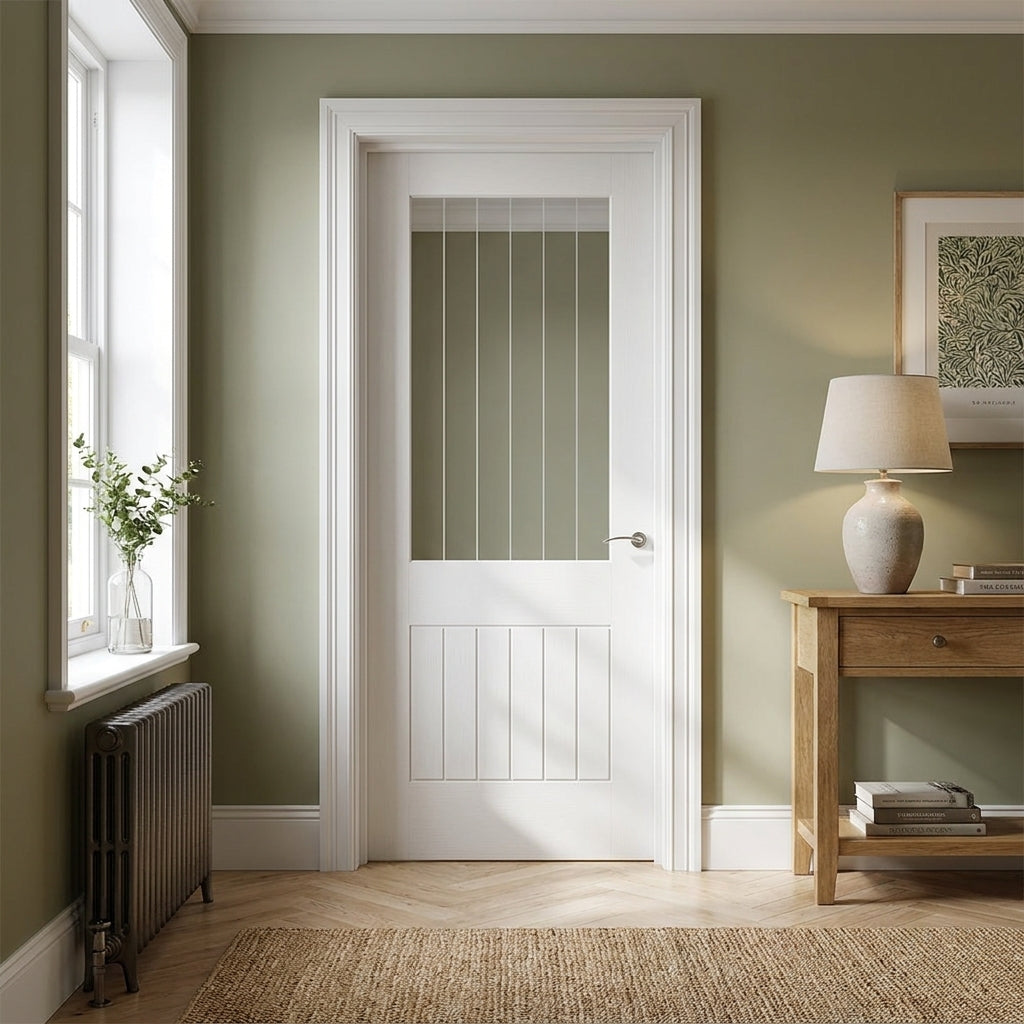 Cottage 1 Light Internal White Door with Etched Lined Clear Glass