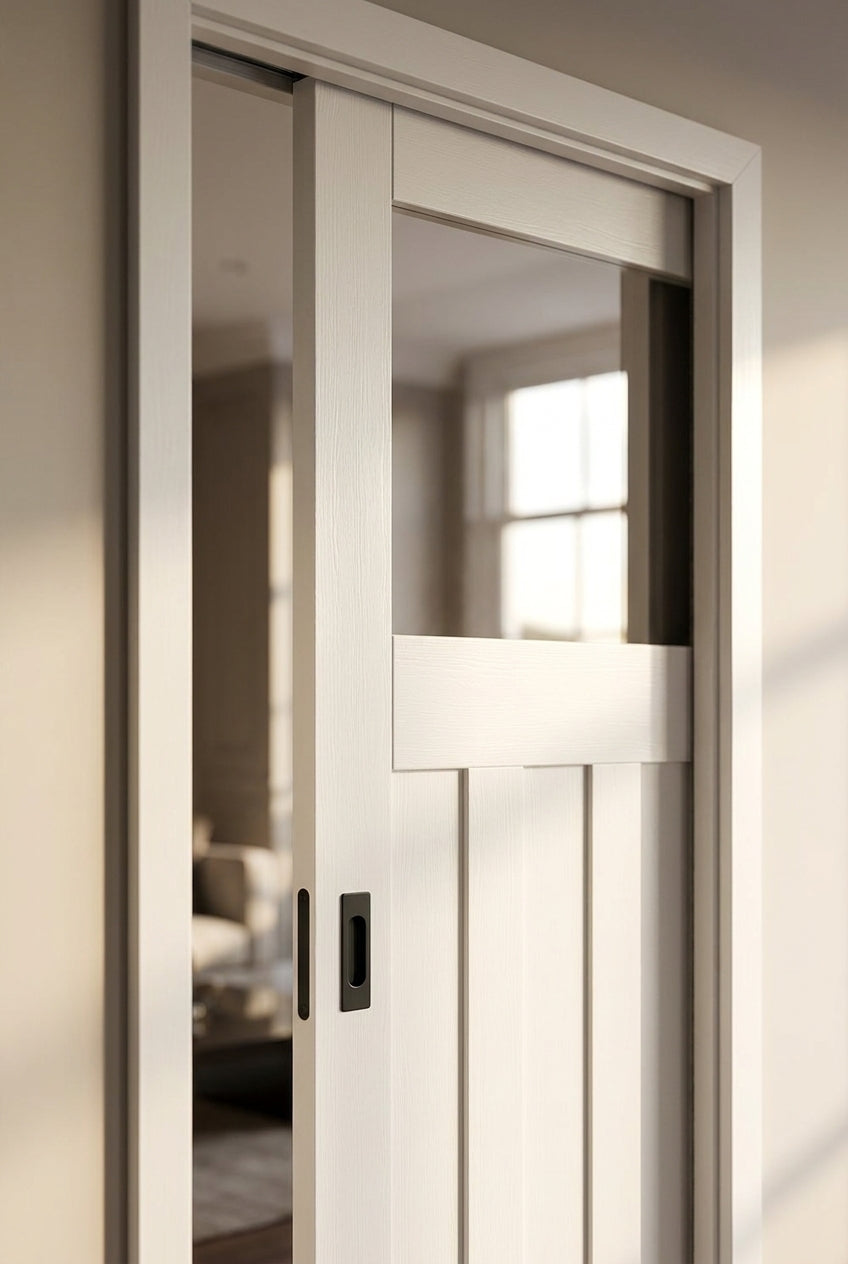 Internal Pocket Door Set 1930's Style, White Primed, Clear Glass, 100mm - detail view