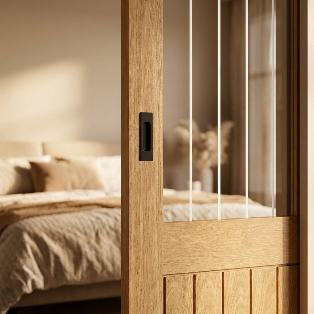 Internal Oak Pocket Door Set with 1 Light Obscure Glazing, Fully Finished - detail view