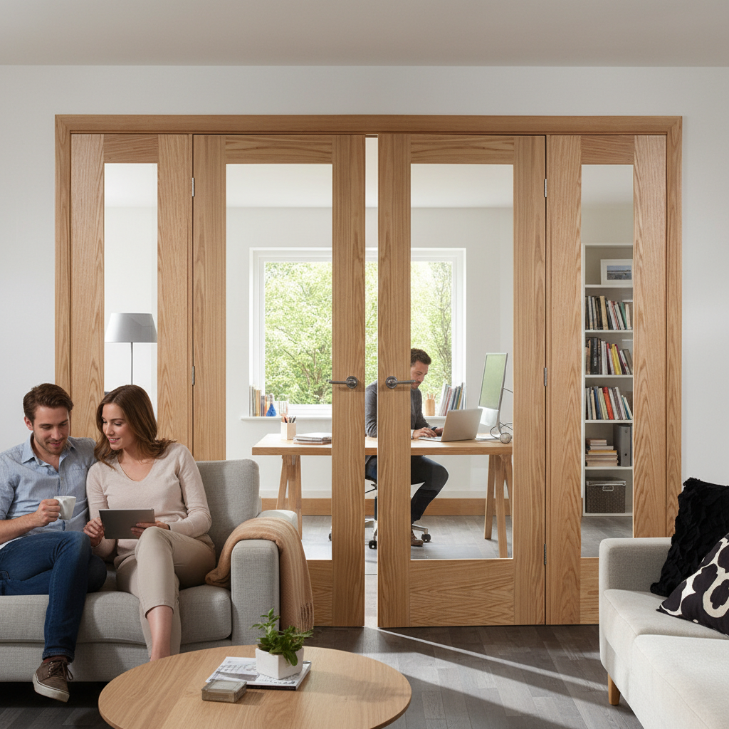 Premium Clear Glazed French Doors with Side Panels - Customizable Oak Pattern 10 Design