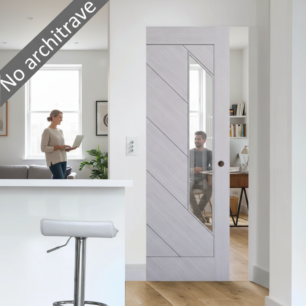 Premium Glazed Flush Pocket Door Set with Diagonal Ash Veneer, No Bottom Track, and Adjustable Doorstop for Modern Spaces