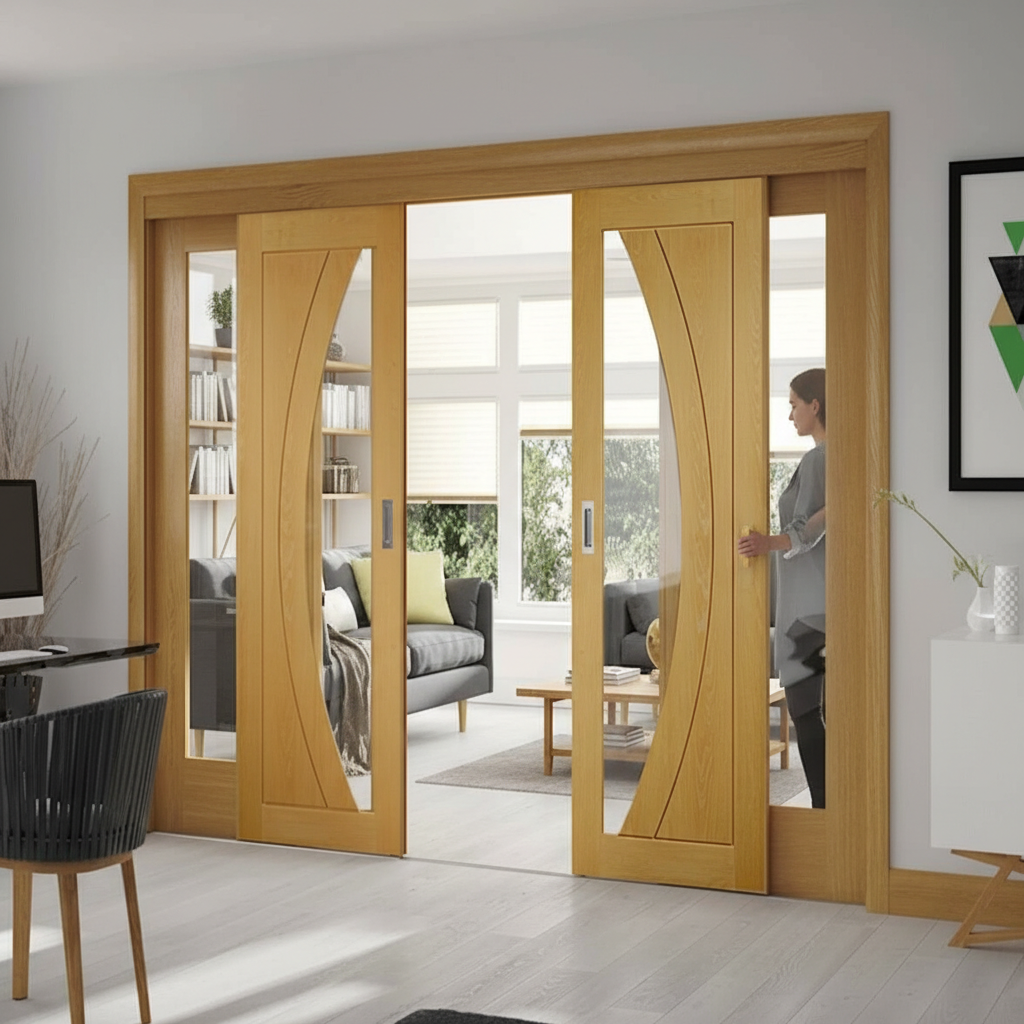 Premium Sliding Oak Room Divider with Glazed French Doors and Fixed Panels, Customizable Sizes and Configurations