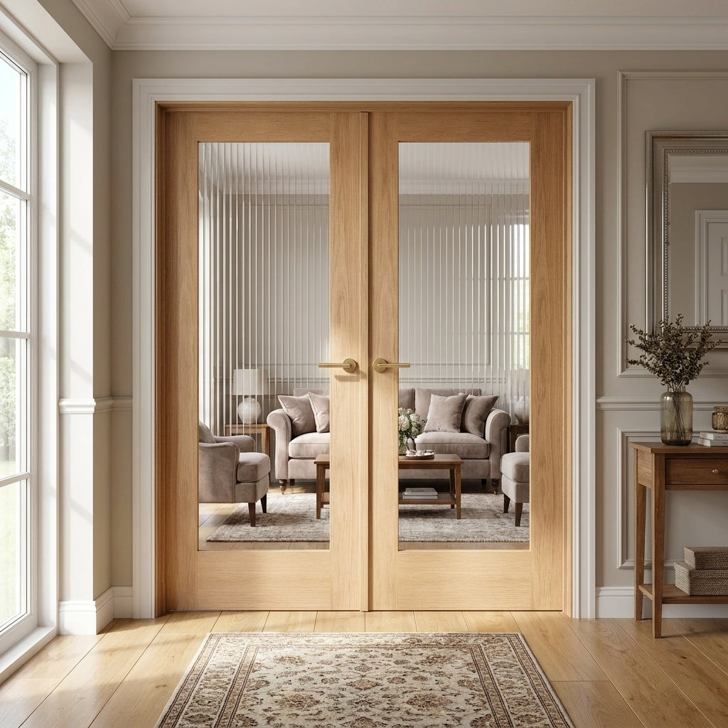 Internal Oak Double Door Fully Finished with 1 Light Reeded Glass