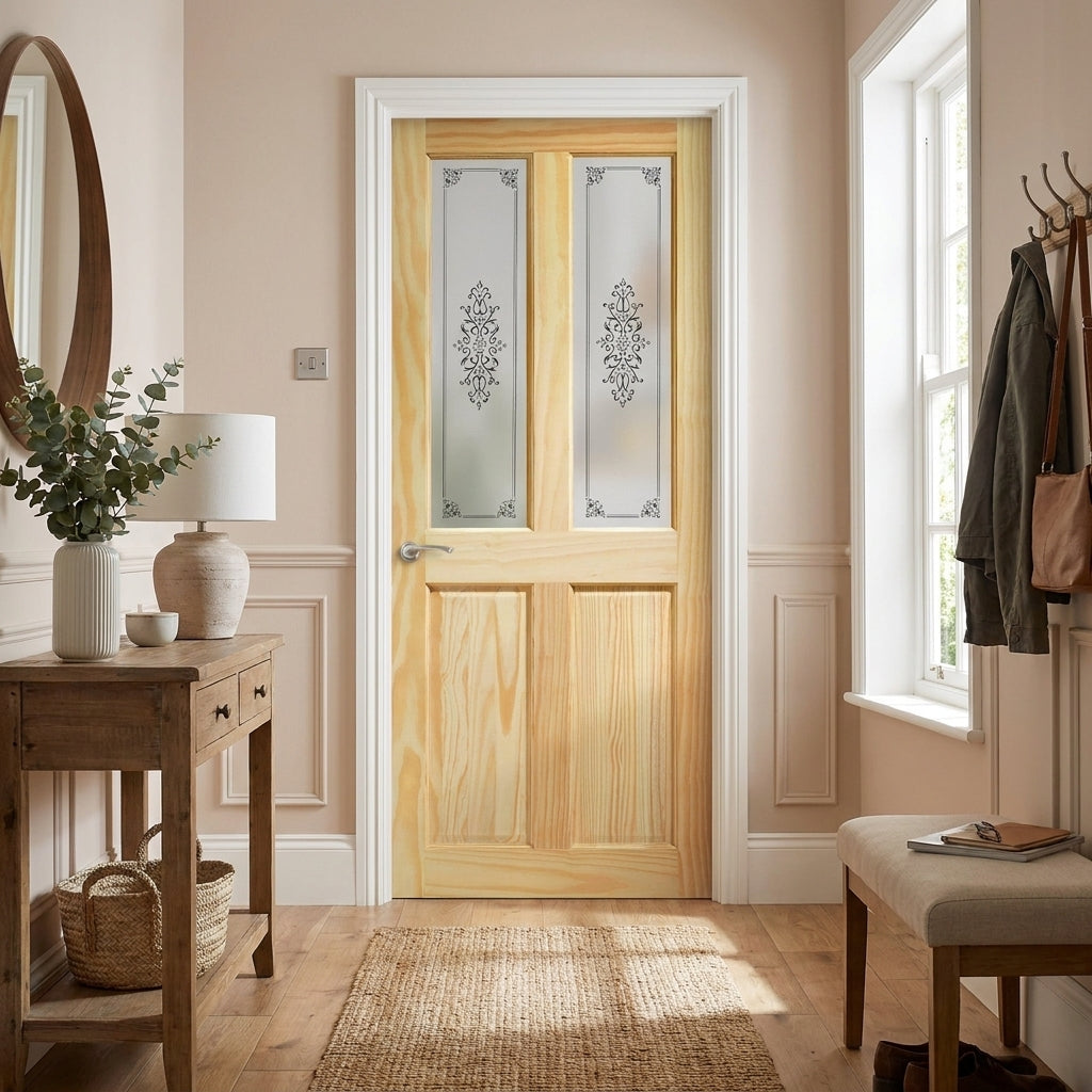 Internal Clear Pine Door with 2 Panel 2 Light Campion Glass, Unfinished