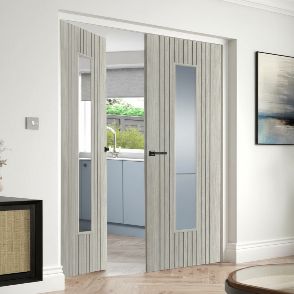 Premium Clear Glazed Internal Fluted Door Pair with Durable Laminate Finish and Safety Glass Design