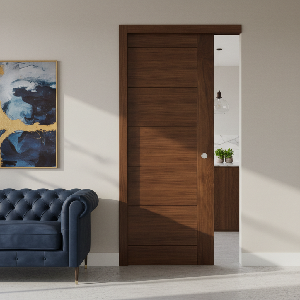 Premium Walnut Flush Pocket Door Set with No Bottom Track, 15-Year Guarantee, and Adjustable Doorstop Options
