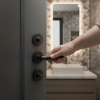 Knurled Internal Bathroom Lever Handle Pack with Round Rose - Matt Black Finish and Privacy Lock - Image 2