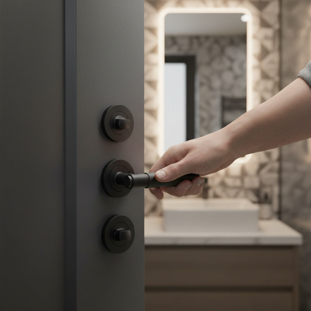 Knurled Internal Bathroom Lever Handle Pack with Round Rose - Matt Black Finish and Privacy Lock - Image 2