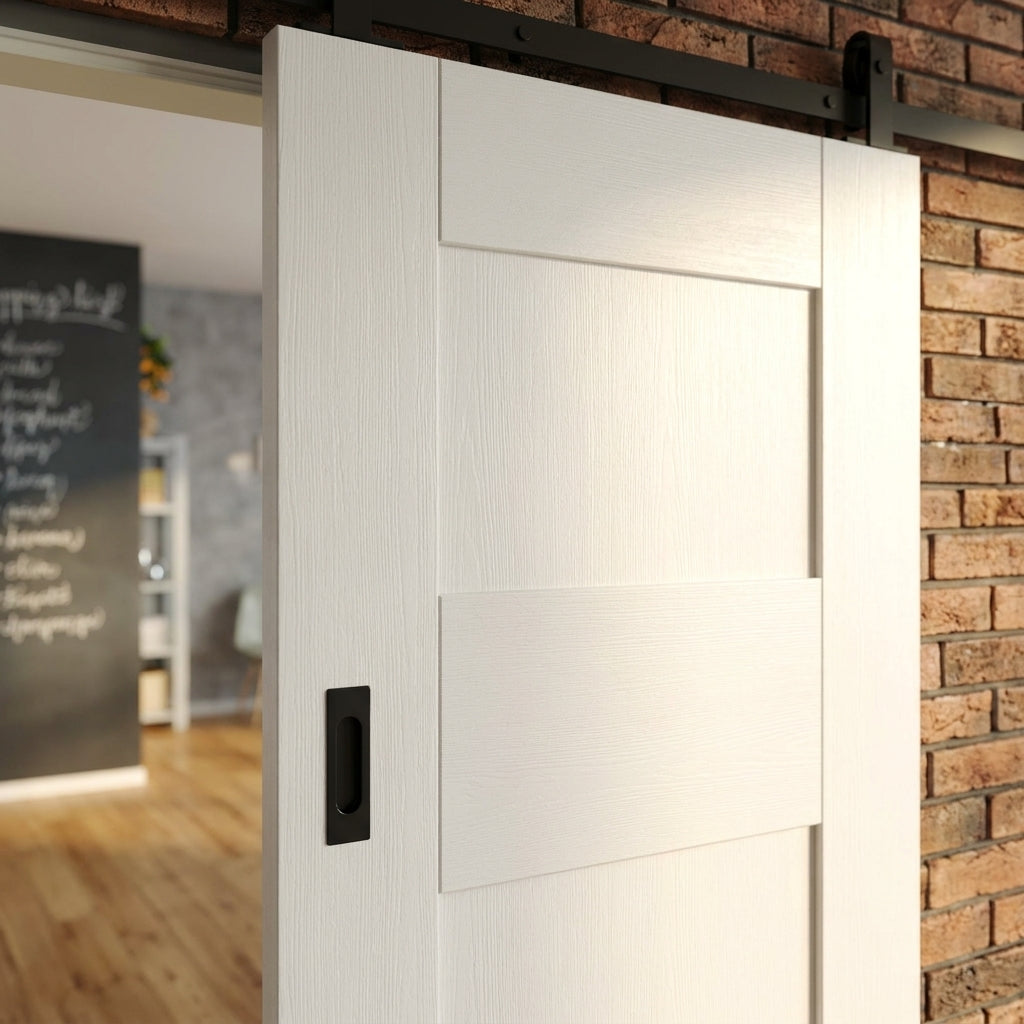 Internal Sliding Door, White Primed, 1 Panel Design, Solid Core, Black Top Mounted - detail view