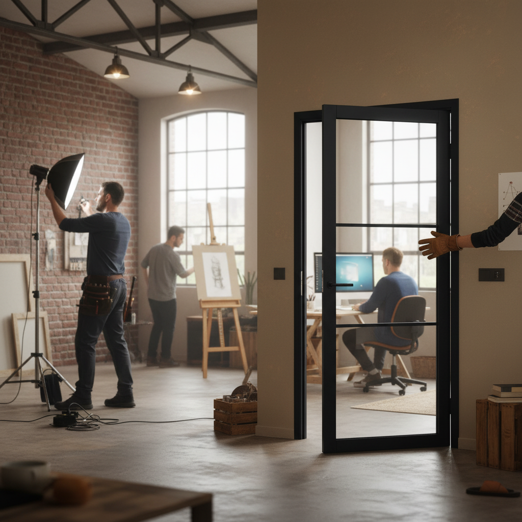 Premium Internal Fully Finished Industrial Studio Door with 3 Clear Glass Panels for Modern Interiors - Image 2