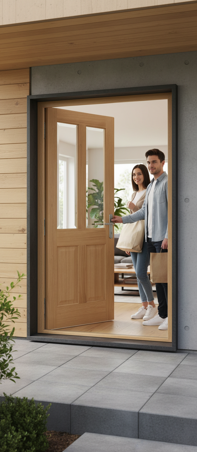 Premium Fully Finished Interior Oak Engineered Clear Glazed Door with Bevelled Safety Glass for Versatile Home Applications