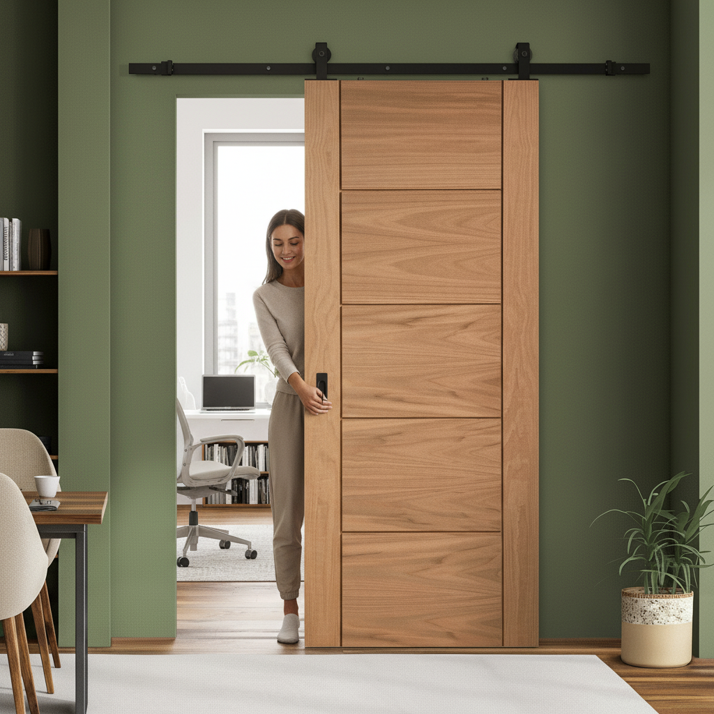 Premium Unfinished Oak Internal Sliding Door with Classic Five-Panel Design and Top-Mounted Track Mechanism