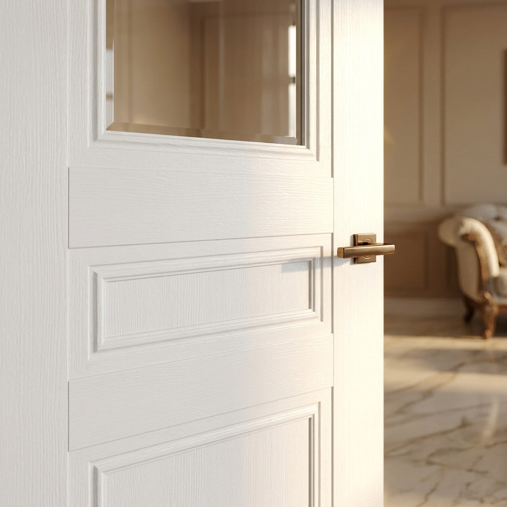 Internal White Door with 1 Light Clear Glass, Primed Finish, 2 Panel Design - detail view