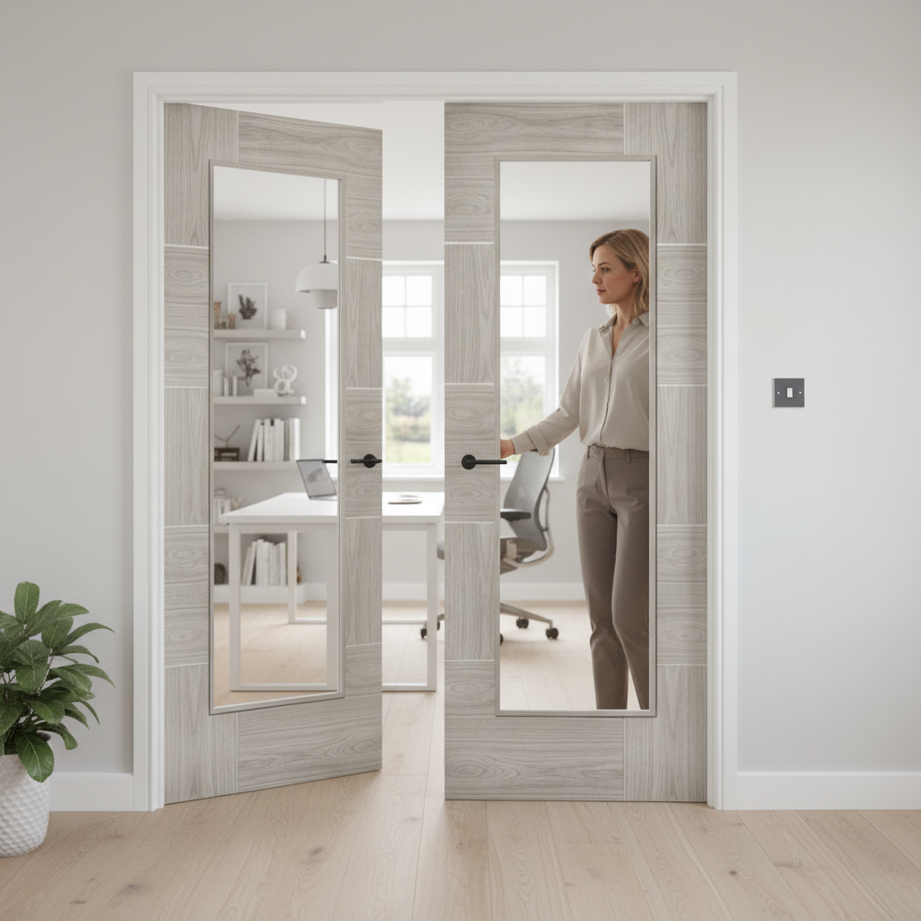 Premium Clear Glazed Door Pair with White Grey Laminate and Semi-Solid Construction for Modern Homes