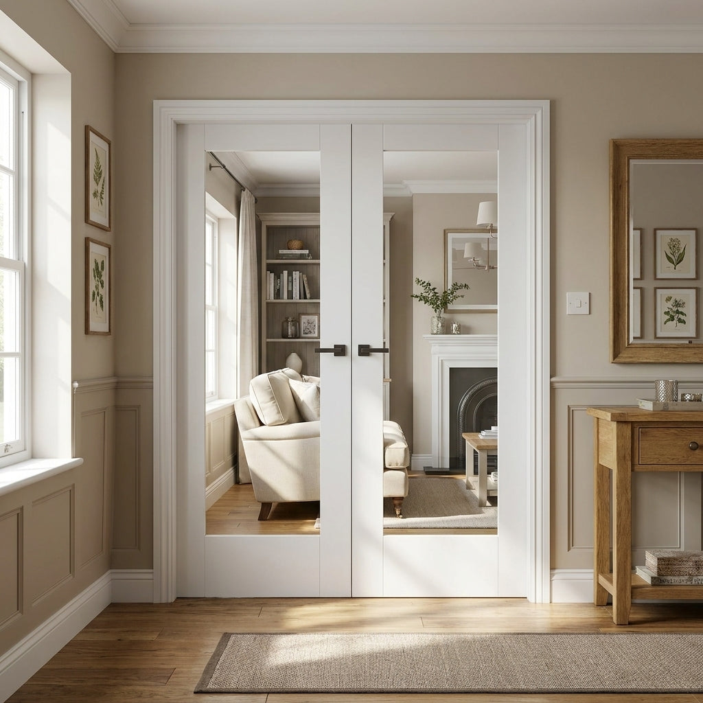 Internal French Door with 1 Light Clear Glass, White Primed Finish, Solid Core
