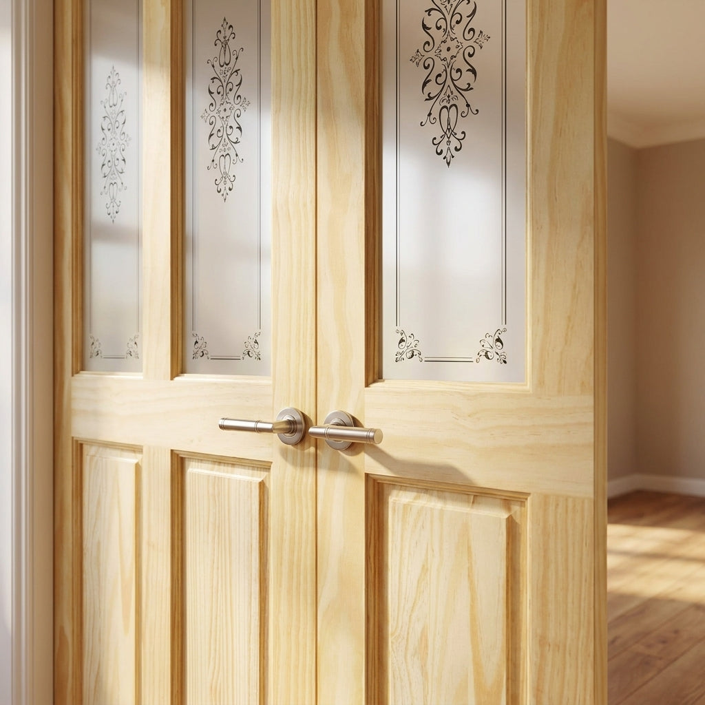 Internal French Door with 2 Panel 2 Light Campion Glass, Unfinished Pine - detail view