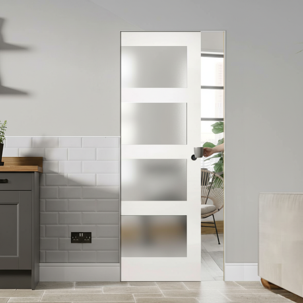 Premium White Obscure Glazed Flush Pocket Door Set with No Bottom Track and Space-Saving Design for Modern Interiors