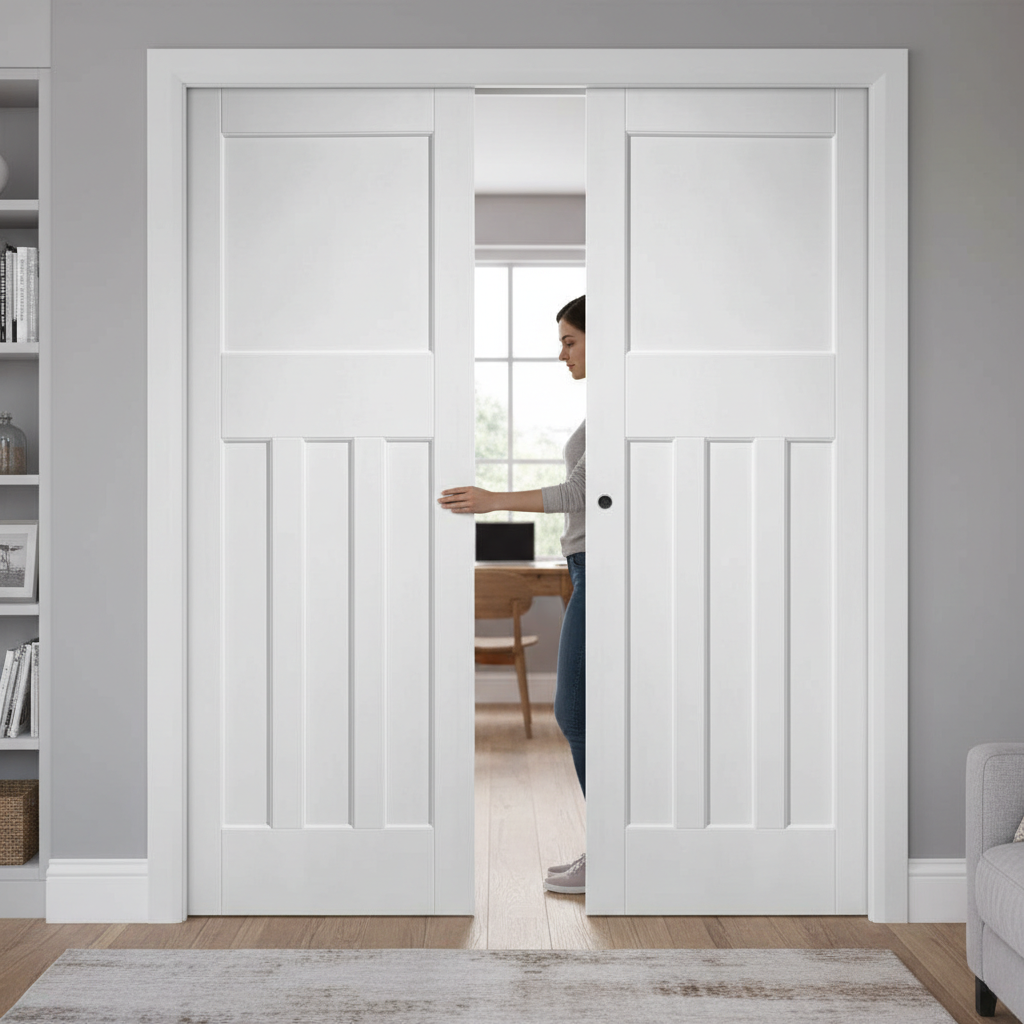 Premium Double Pocket Door Set with Solid Core and Galvanised Steel Frame - Elegant 30's Style Design