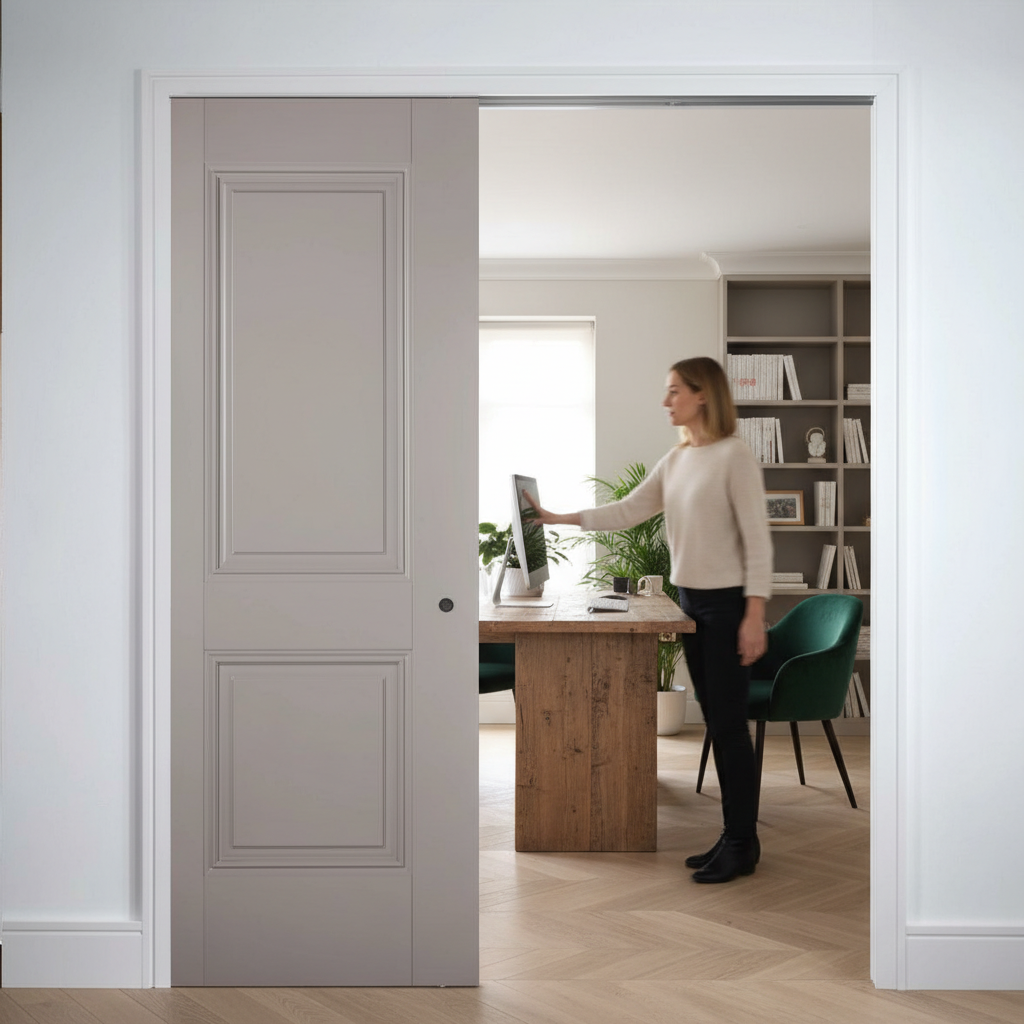 Premium 2 Panel Grey Telescopic Pocket Door System with Adjustable Features and 15-Year Guarantee