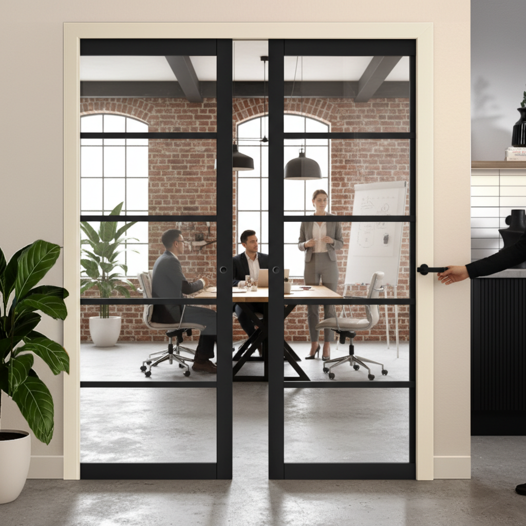 Premium Clear Glazed Double Pocket Door Set with 5 Panels, Galvanised Steel Frame and Smooth Operation for Modern Interiors