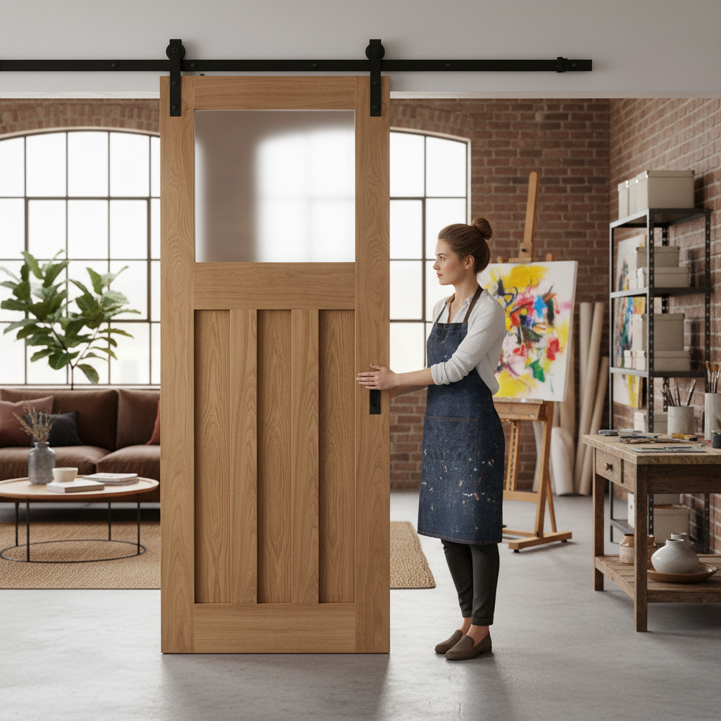 Premium Unfinished Oak 1930's Style DX 3 Panel 1 Light Sliding Door with Obscure Glass and Durable Hardware