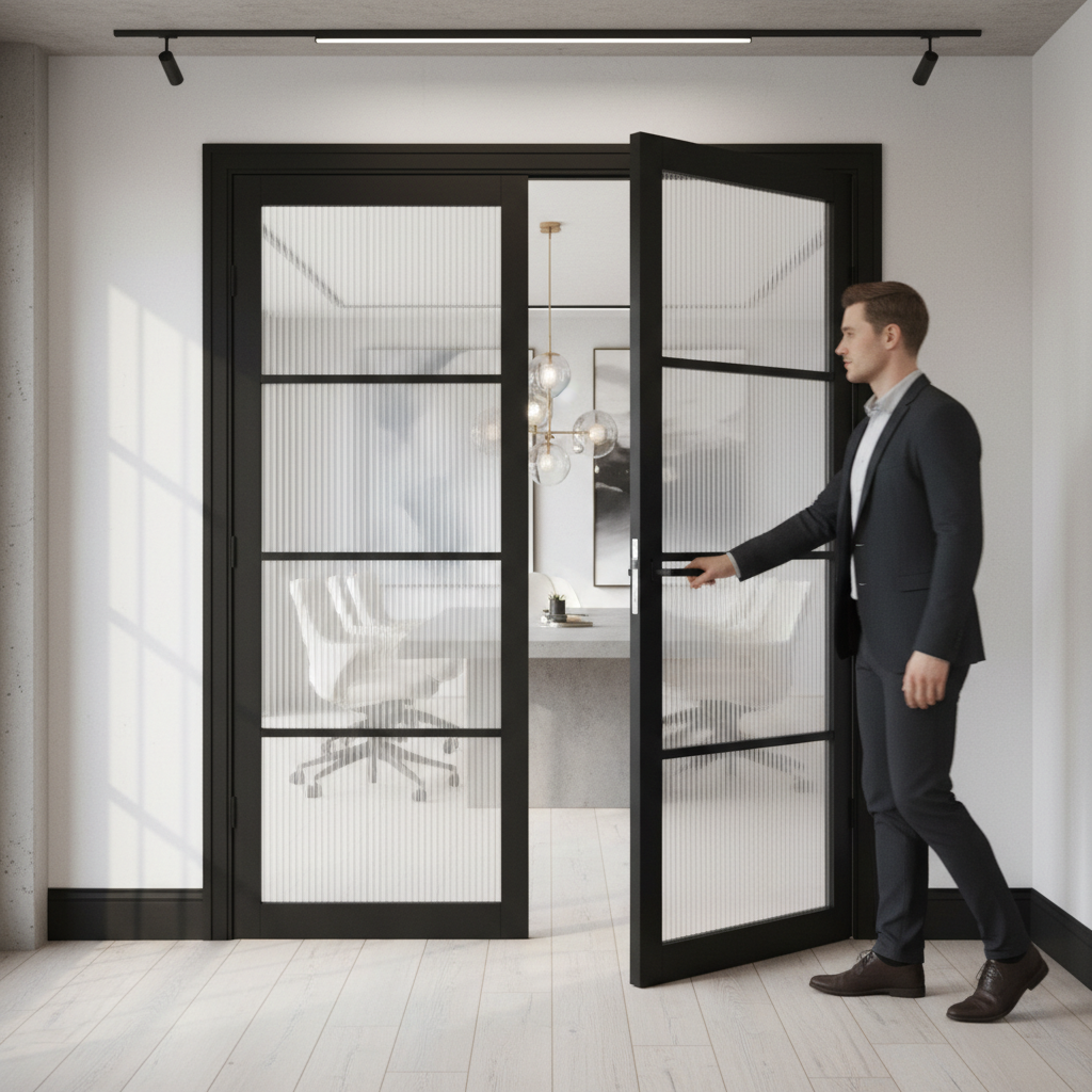 Premium Industrial Style Reeded Glazed Door Pair - Matt Black Finish with Solid Engineered Core and 10-Year Warranty