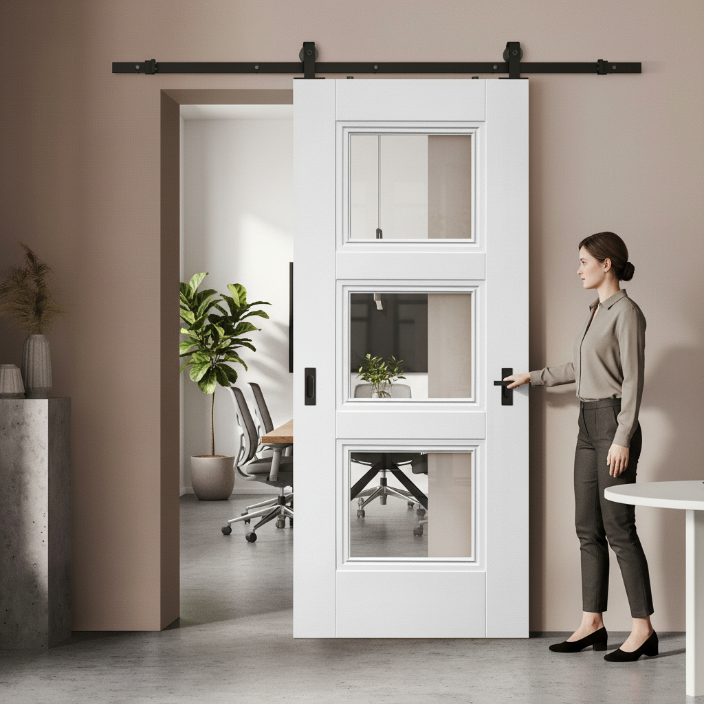 Premium Elegance Sliding Door with 3 Clear Glass Panels and Black Steel Track for Modern Interiors