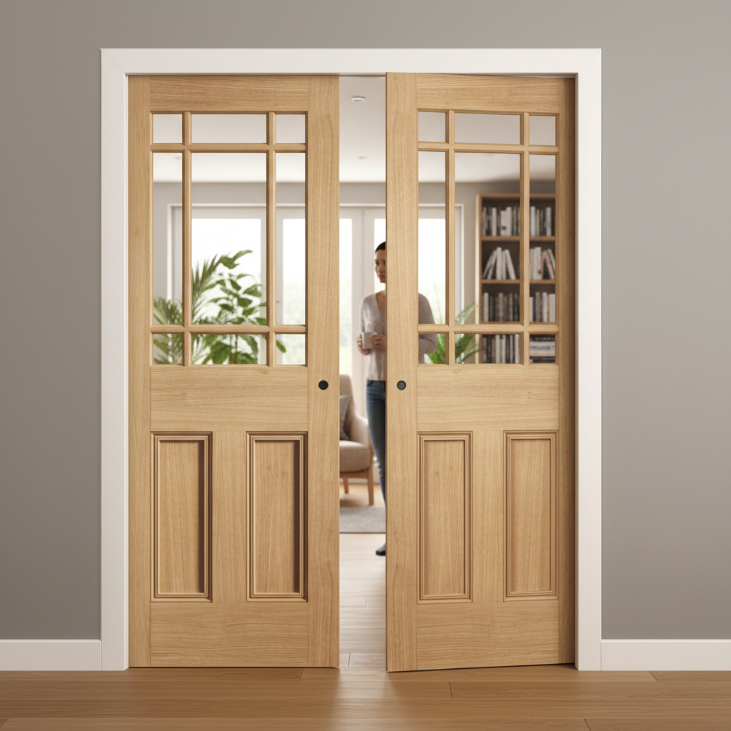 Premium Clear Glazed Double Pocket Door Set with Galvanised Steel Frame, Adjustable Jambs, and 15-Year Guarantee for Timeless Elegance