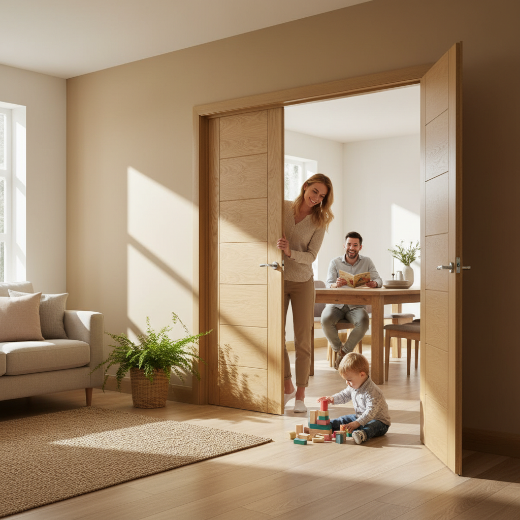 Premium Custom Made Oak French Doors with Contemporary 7 Panel Design for Modern Homes