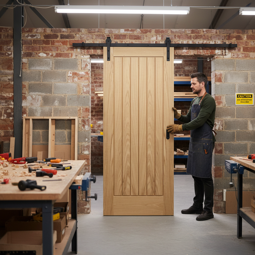 Premium Face Mounted Sliding Door Set for Wooden Doors up to 100kg with Rustic Steel Straps and Multiple Finish Options