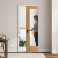 Premium Oak Unfinished Pattern 10 1 Light Obscure Glass Framed Pocket Door Set - Modern Design for Privacy and Light Diffusion
