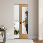 Premium Oak Unfinished Pattern 10 1 Light Obscure Glass Framed Pocket Door Set - Modern Design for Privacy and Light Diffusion