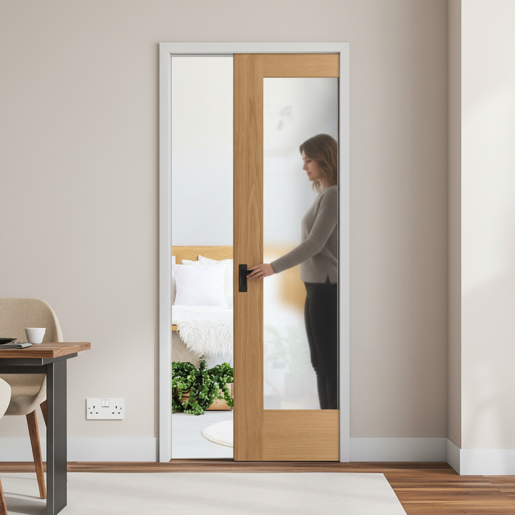 Premium Oak Unfinished Pattern 10 1 Light Obscure Glass Framed Pocket Door Set - Modern Design for Privacy and Light Diffusion