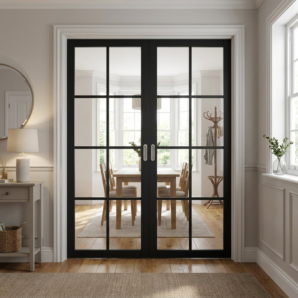 Internal Jet Black French Door with 8 Light Clear Glass Panels, Fully Finished