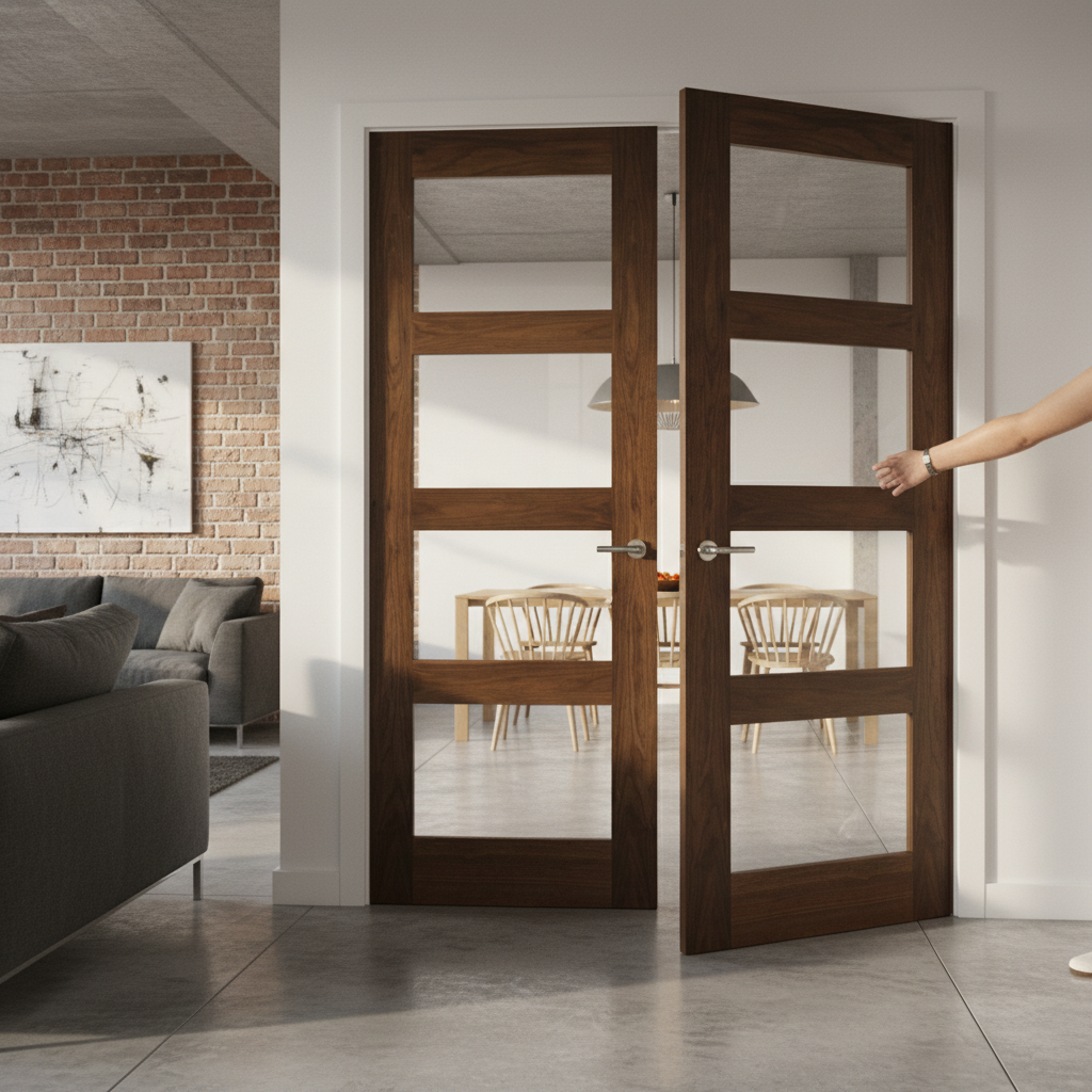 Premium Walnut Shaker Clear Glazed Door Pair with Solid Core and Toughened Glass
