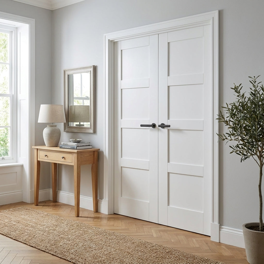Shaker 4 Panel Primed White Internal Door Pair, Solid Engineered Core
