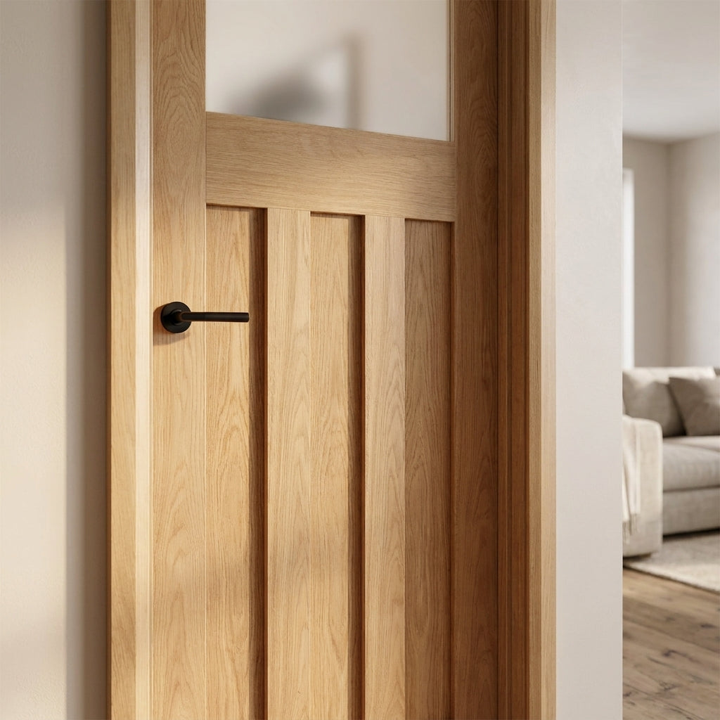Internal Oak Door, Fully Finished, 1930's Style, 1 Light Obscure Glass - detail view