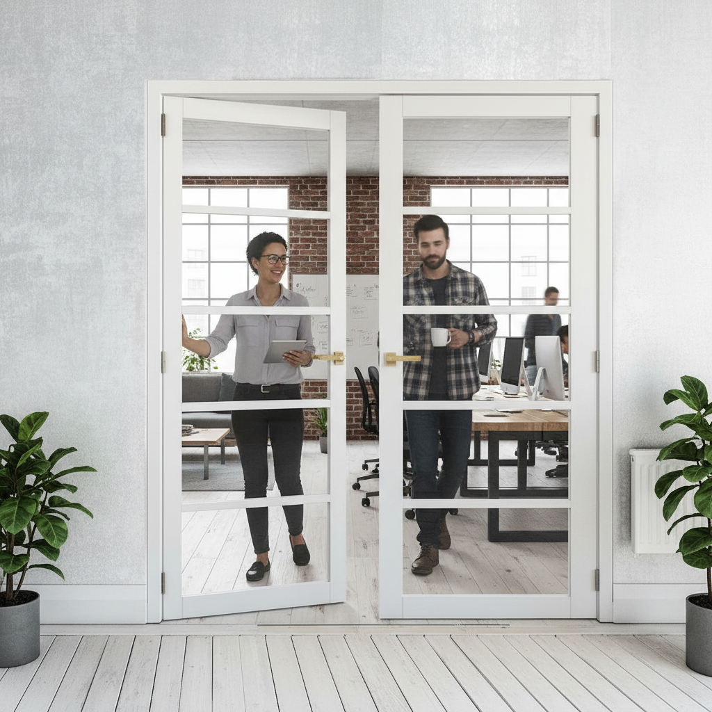 Premium White 5L Clear Glazed Industrial Style Door Pair with Softwood Core and Pocket Door Compatibility
